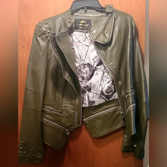 L&L Leisarely Life Collection Olive green Studded lined vegan leather jacket SzM - Picture 2 of 15